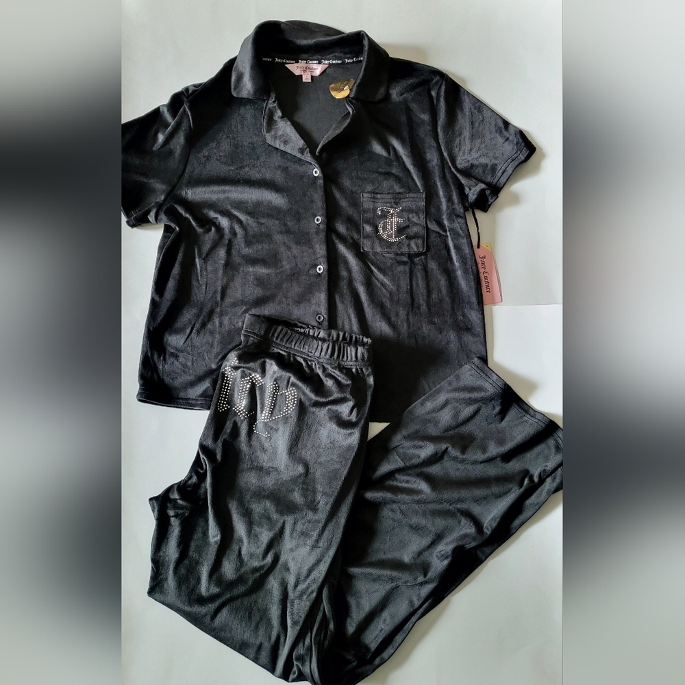 JUICY COUTURE velour pajama set 2 piece pants shirt blink Logo Size L Black